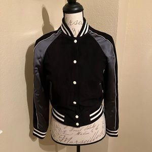 NWT Gorg All Saints Epton bomber black/petrol blue varsity jacket suede/satin